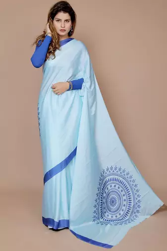 blue ethnic motifs satin saree with blouse piece