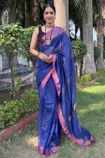 blue zari cotton blend saree with blouse