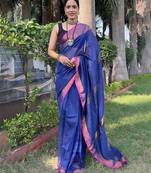 blue zari cotton blend saree with blouse