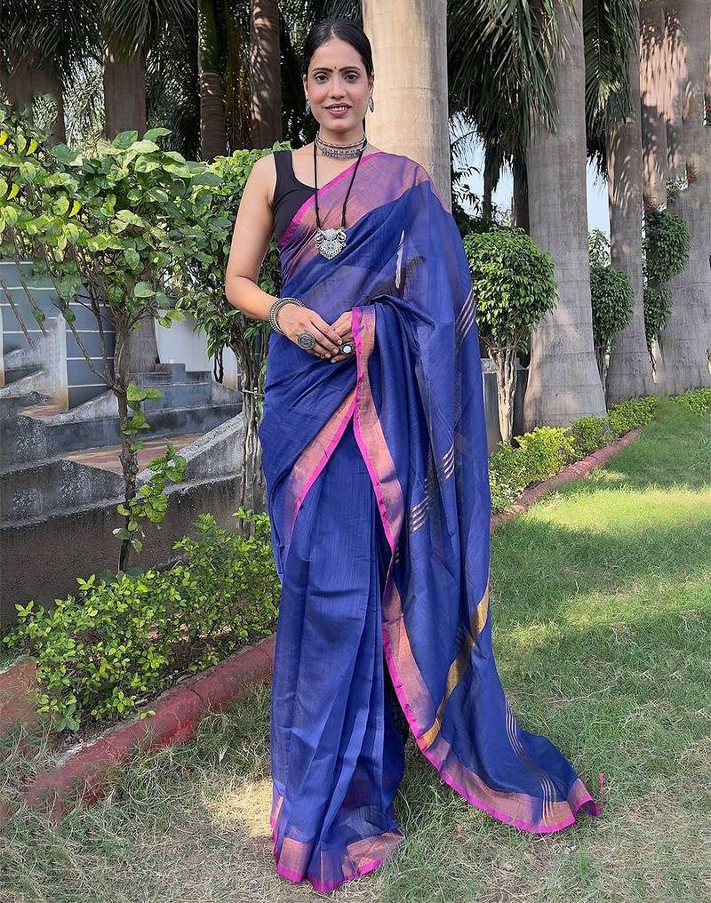 blue zari cotton blend saree with blouse