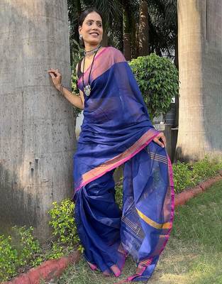 blue zari cotton blend saree with blouse 2
