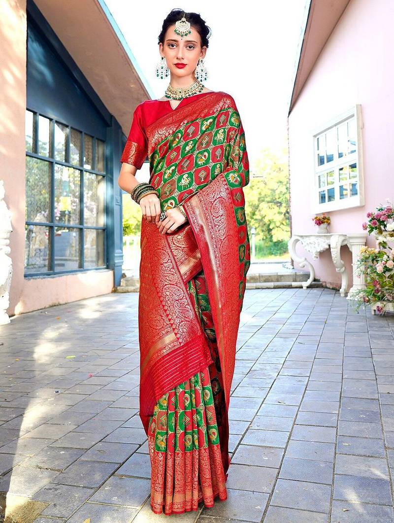 green ethnic motifs woven design zari detailed kanjeevaram saree
