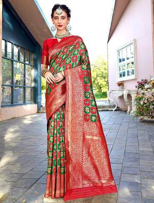 green ethnic motifs woven design zari detailed kanjeevaram saree 2