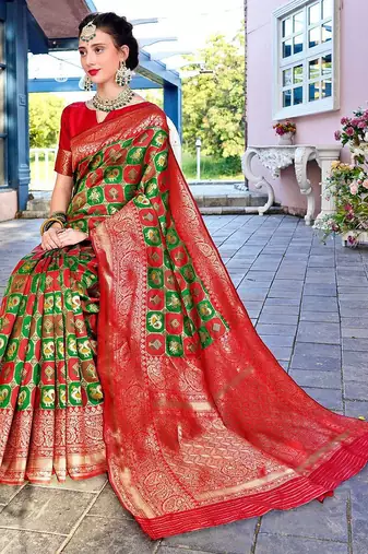 green ethnic motifs woven design zari detailed kanjeevaram saree