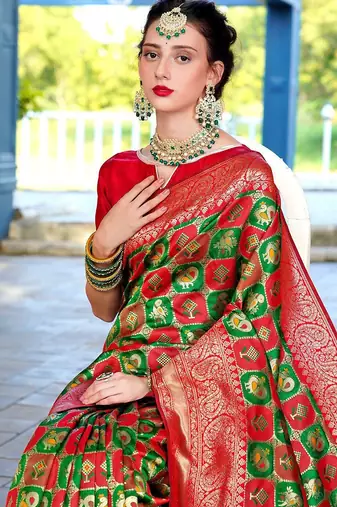 green ethnic motifs woven design zari detailed kanjeevaram saree