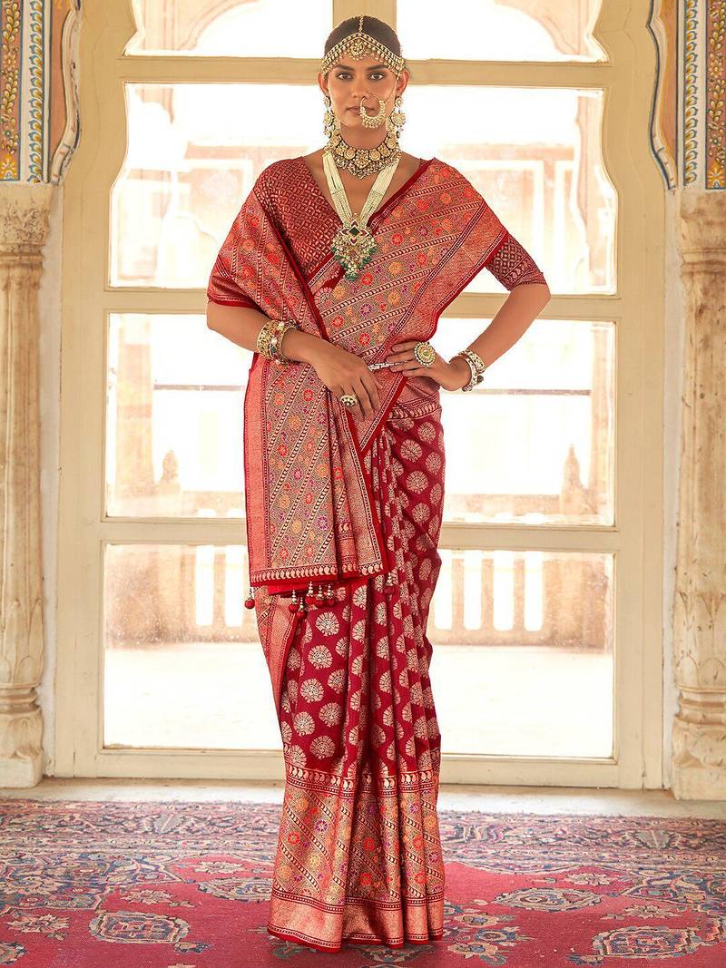 maroon & red ethnic motifs woven design zari banarasi silk blend saree