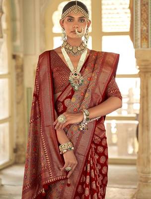 maroon & red ethnic motifs woven design zari banarasi silk blend saree 2