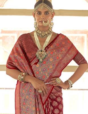 maroon & red ethnic motifs woven design zari banarasi silk blend saree 3