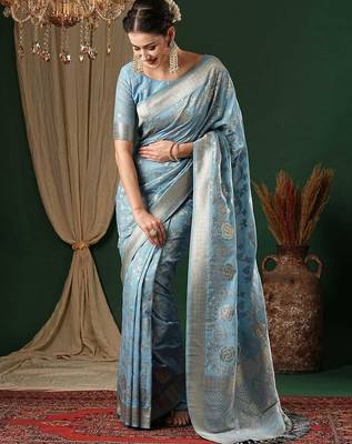blue ethnic motifs zari georgette kanjeevaram saree 1