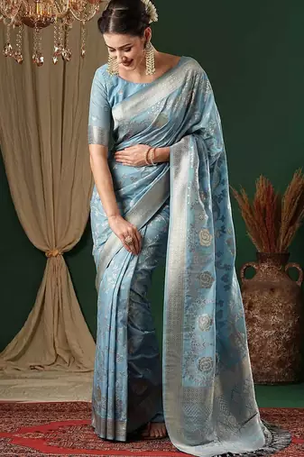 blue ethnic motifs zari georgette kanjeevaram saree