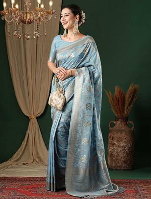 blue ethnic motifs zari georgette kanjeevaram saree 3