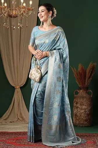 blue ethnic motifs zari georgette kanjeevaram saree