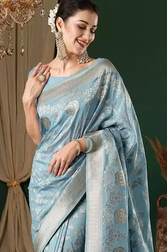 blue ethnic motifs zari georgette kanjeevaram saree
