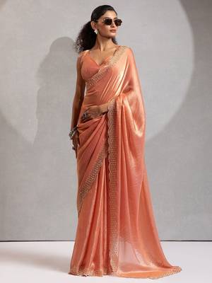 peach embellished beads and stones satin saree 1