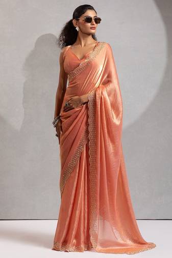 peach embellished beads and stones satin saree