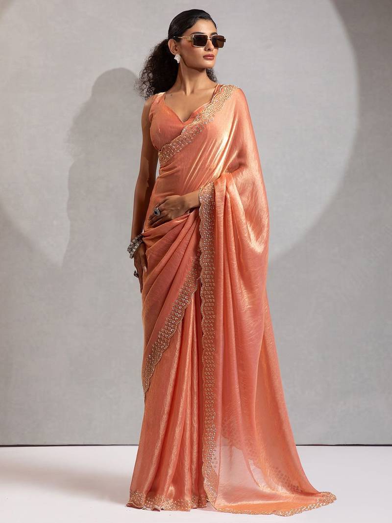 peach embellished beads and stones satin saree