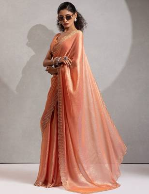 peach embellished beads and stones satin saree 2