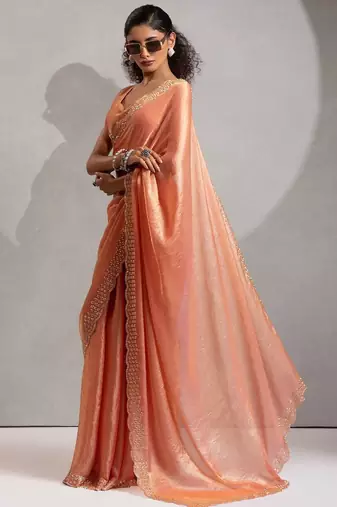 peach embellished beads and stones satin saree
