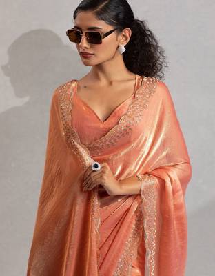 peach embellished beads and stones satin saree 4