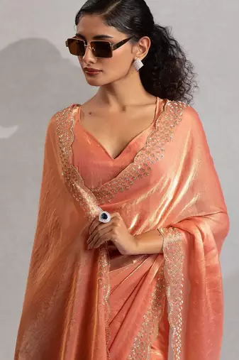 peach embellished beads and stones satin saree