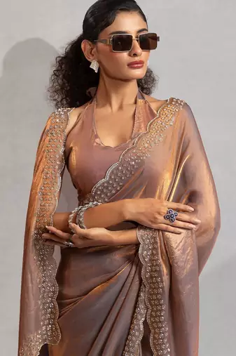 multicolor embellished beads and stones satin designer saree