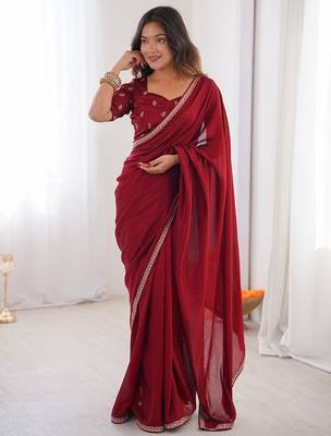 Maroon embroidered silk blend saree 1