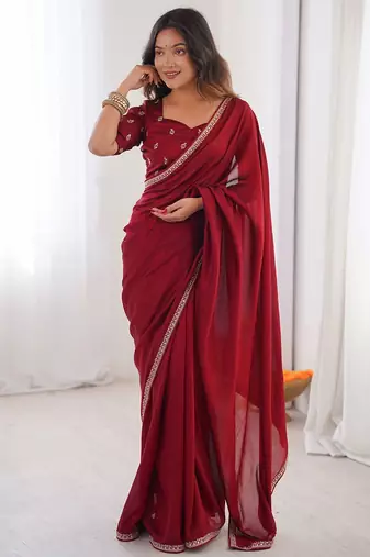 Maroon embroidered silk blend saree