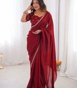 Maroon embroidered silk blend saree