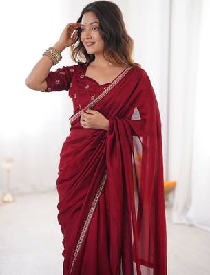 Maroon embroidered silk blend saree 4