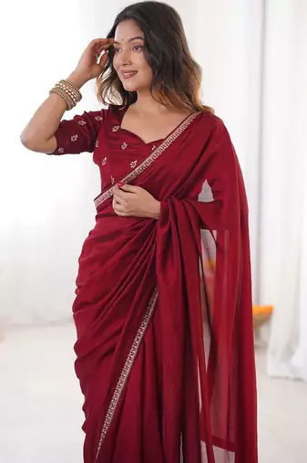Maroon embroidered silk blend saree