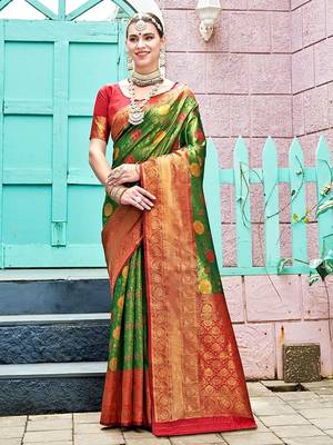 green & red floral woven design zari art silk blend kanjeevaram saree 1