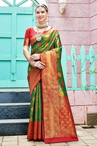 green & red floral woven design zari art silk blend kanjeevaram saree