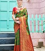 green & red floral woven design zari art silk blend kanjeevaram saree