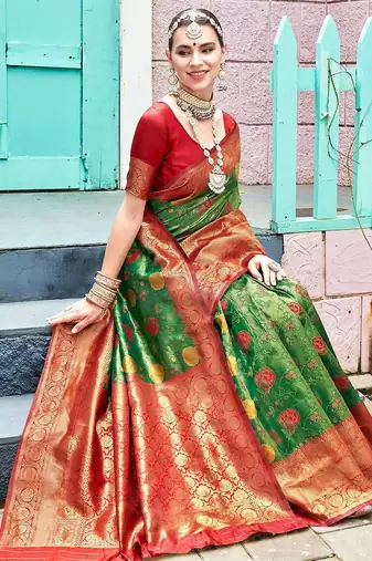 green & red floral woven design zari art silk blend kanjeevaram saree