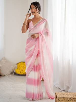 pink tie and dye beads and stones satin designer saree 2