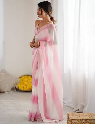pink tie and dye beads and stones satin designer saree 3