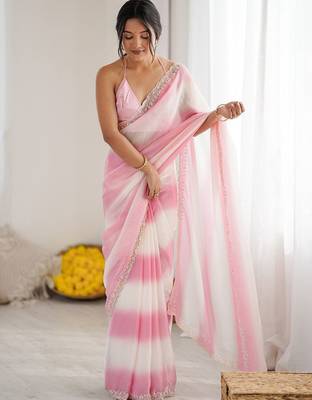 pink tie and dye beads and stones satin designer saree 4