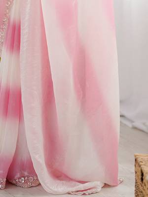 pink tie and dye beads and stones satin designer saree 5