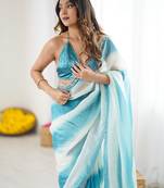 blue tie and dye beads and stones satin designer saree