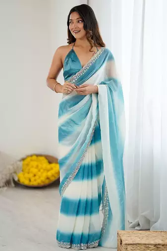 blue tie and dye beads and stones satin designer saree