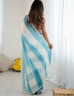 blue tie and dye beads and stones satin designer saree 3