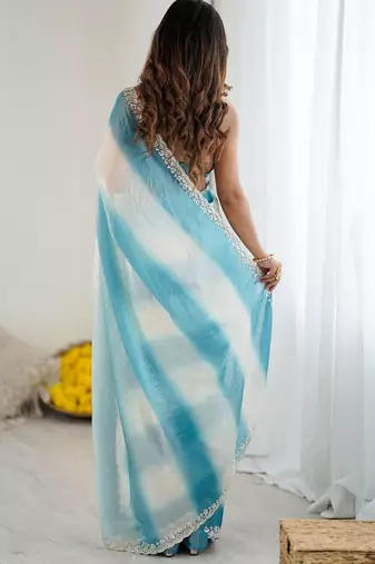 blue tie and dye beads and stones satin designer saree