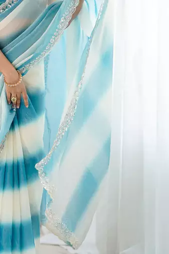 blue tie and dye beads and stones satin designer saree
