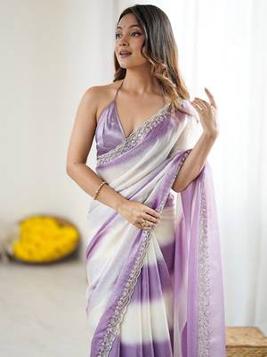 violet tie and dye beads and stones satin designer saree 1