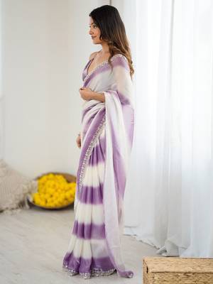 violet tie and dye beads and stones satin designer saree 3