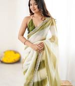 off white tie and dye beads and stones satin designer saree