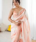 peach tie and dye beads and stones satin designer saree