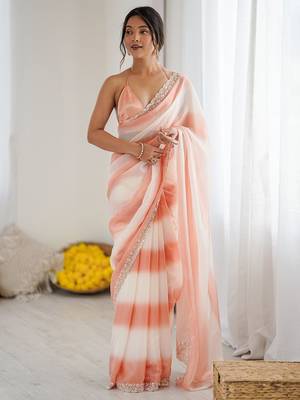 peach tie and dye beads and stones satin designer saree 2