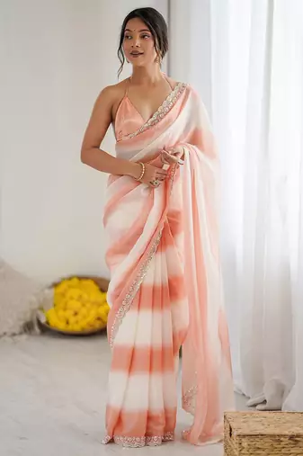 peach tie and dye beads and stones satin designer saree
