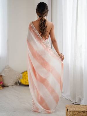 peach tie and dye beads and stones satin designer saree 3